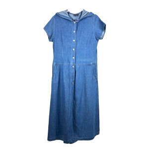 BLUE J. Dress‎ Womens Large Blue Hooded Button Front Midi Short Sleeve Cotton